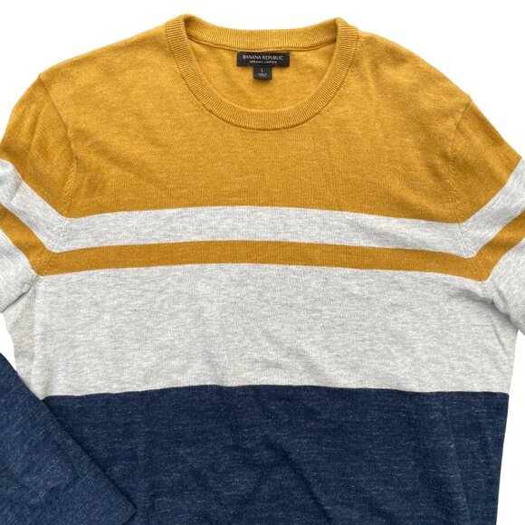 Banana Republic Men's Organic Cotton Striped Sweater Mustard Gold Blue Preppy-L - Picture 2 of 9